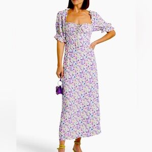 RIXO Montenegro Floral Ruffle Midi Dress Purple Silk Crepe UK 10 US 6